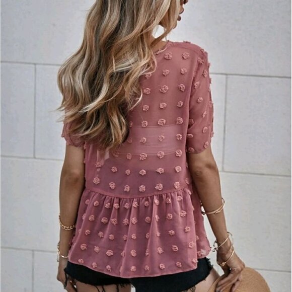 NWOT SHEIN Pink swiss dot sheer flowy peplum boho festival top - Picture 2 of 10